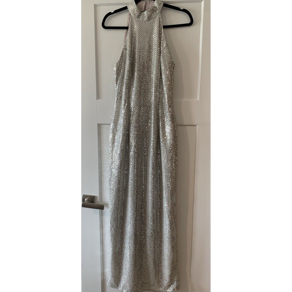 Roberta Silver Sequin Maxi Sheath Dress Halter Neck Y2K Vintage Sz 11/12 Jr